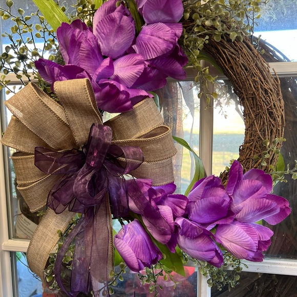 Purple Floral Wreath with Bow - Picture 1 of 7
